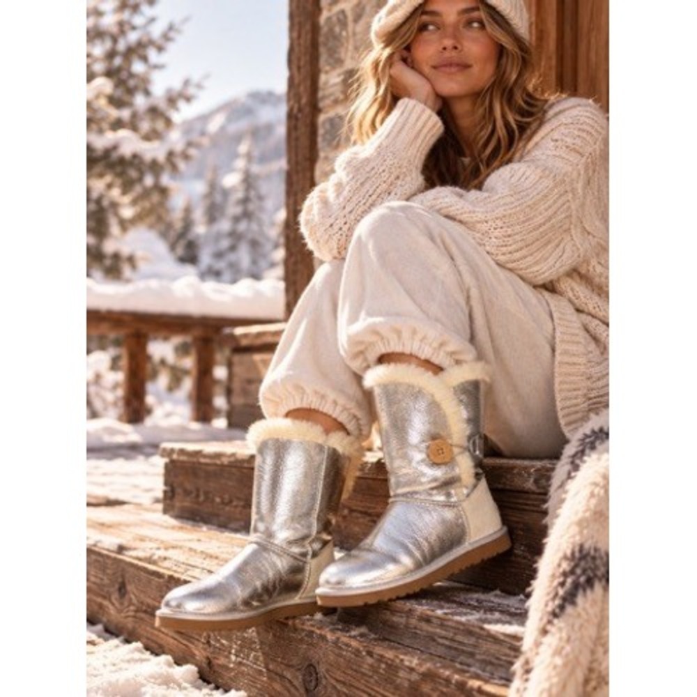 UGG Australia Bailey Button Metallic Silver Sheepskin Boots 1002951 Womens 9